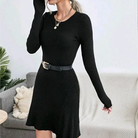 NEW Black Ribbed Long Sleeve Sweater Dress - Picture 5 of 9